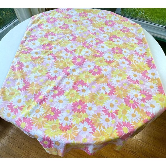 Vintage 70s flat/top bedsheet, pink orange yellow floral, twin size, Pequot - Picture 3 of 9